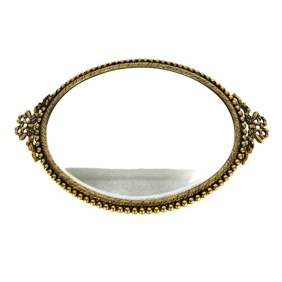 Antique Other - Antique Brass Filagree Oval Vanity Tabletop Footed Mirror Tray Hearts Bows Beads